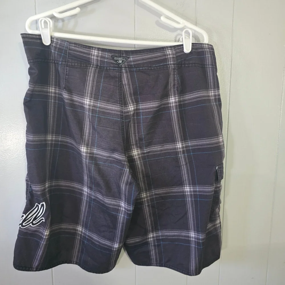 O'Neill Board Shorts Mens 36‎ Black Plaid Cargo Pocket Embroidered Logo Surf